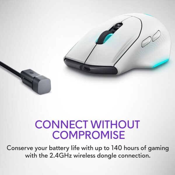 Alienware AW620M Wireless Gaming Mouse - 26,000 DPI, 140-Hour Battery Life, 7 Programmable Buttons, 16.8 million AlienFX RGB Lighting Right-Handed Design, USB-C - Lunar Light - Image 6