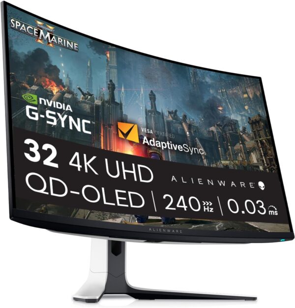 Alienware AW3225QF 32 Inch 4K UHD (3840x2160) 1700R Curved Gaming Monitor, 240Hz, QD OLED, 0.03ms, NVIDIA G-SYNC Compatible, HDR, Dolby Vision, USB-C, DisplayPort, 2x HDMI, 4x USB, 3 Year Warranty