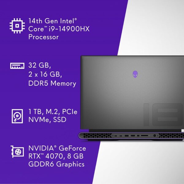 Alienware m18 R2 Gaming Laptop 18" QHD+ 165Hz display, Intel Core i9 14900HX, NVIDIA GeForce RTX 4070, 32GB RAM, 1TB SSD, Dark Metallic Moon, Per Key AlienFX RGB keyboard - UK - Image 8