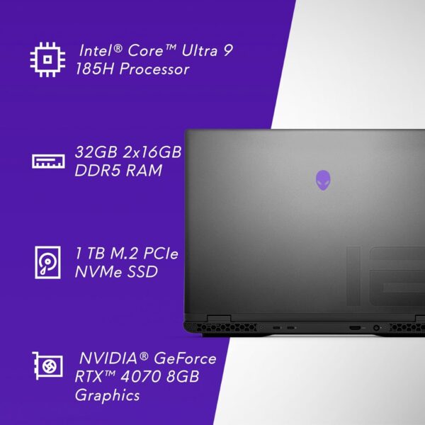 Alienware m16 R2 Gaming Laptop 16" QHD+ (2560 x 1600) 240Hz Display, Intel Core Ultra 9 Processor 185H, NVIDIA GeForce RTX 4070 Graphics, 32GB RAM, 1TB SSD, Windows 11 Home, English Backlit Keyboard - Image 9
