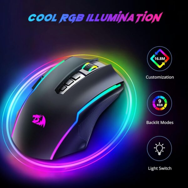 Redragon Gaming Mouse, Wireless Gaming Mouse with 9 Programmable Buttons, RGB Backlit, Rechargeable Wireless Mouse UP to 8000 DPI, Macro Edit, 70Hrs for Laptop, PC, Mac Gamer, Black M910-KS - Image 2
