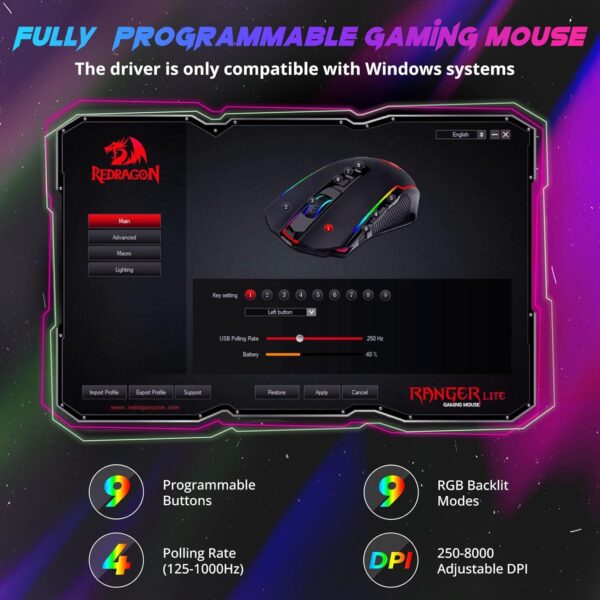 Redragon Gaming Mouse, Wireless Gaming Mouse with 9 Programmable Buttons, RGB Backlit, Rechargeable Wireless Mouse UP to 8000 DPI, Macro Edit, 70Hrs for Laptop, PC, Mac Gamer, Black M910-KS - Image 3