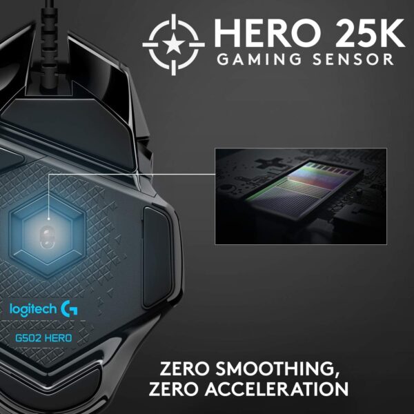Logitech G G502 HERO High Performance Wired Gaming Mouse, HERO 25K Sensor, 25,600 DPI, RGB, Adjustable Weights, 11 Programmable Buttons, On-Board Memory, PC/Mac - Black - Image 2