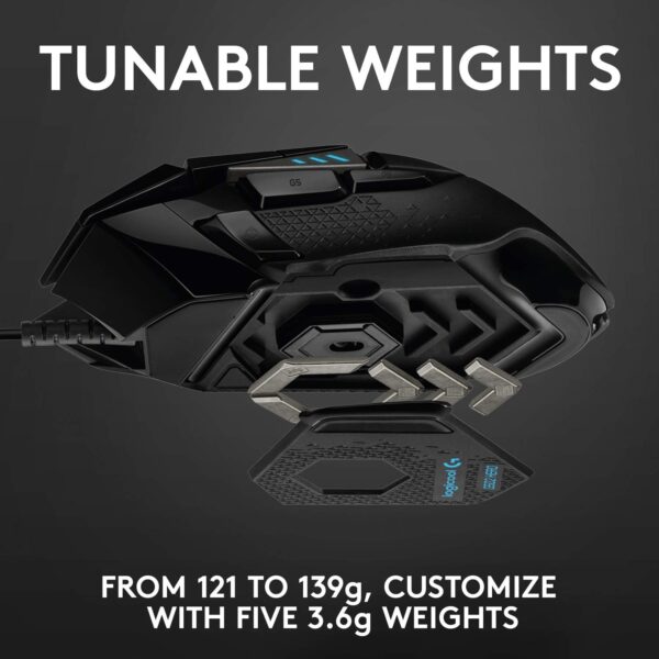 Logitech G G502 HERO High Performance Wired Gaming Mouse, HERO 25K Sensor, 25,600 DPI, RGB, Adjustable Weights, 11 Programmable Buttons, On-Board Memory, PC/Mac - Black - Image 3