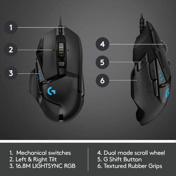 Logitech G G502 HERO High Performance Wired Gaming Mouse, HERO 25K Sensor, 25,600 DPI, RGB, Adjustable Weights, 11 Programmable Buttons, On-Board Memory, PC/Mac - Black - Image 6