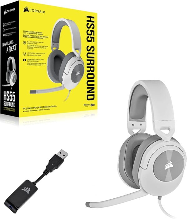 CORSAIR HS55 SURROUND Lightweight Multiplatform Wired Gaming Headset – Dolby 7.1 Surround Sound – iCUE Compatible – PC, Mac, PS5, PS4, Xbox, Nintendo Switch, Mobile – White - Image 8