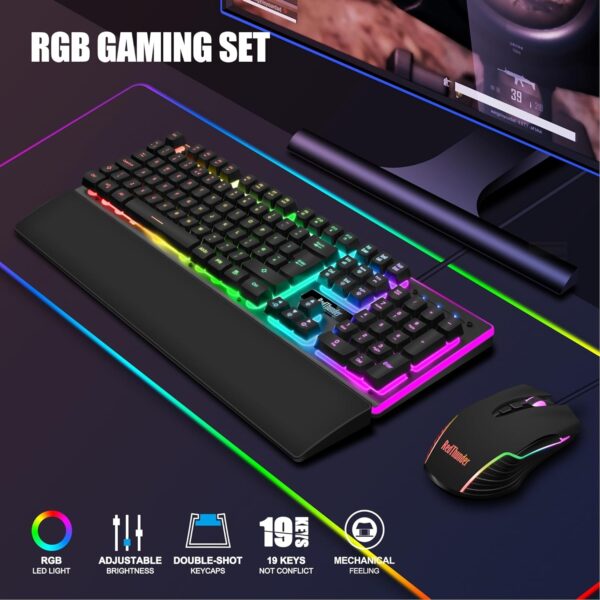 RedThunder K10 Wired Gaming Keyboard and Mouse Combo, UK Layout, True RGB Backlight, Soft Leather Wrist Rest, Mechanical Feel Ergonomic Anti-Ghosting Keyboard + 7D 7200 DPI Mouse for PC, Mac (Black) - Image 2