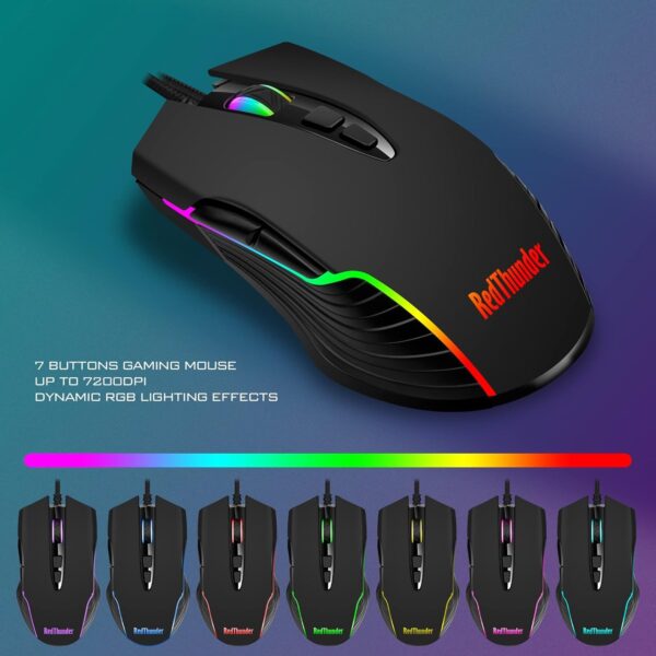 RedThunder K10 Wired Gaming Keyboard and Mouse Combo, UK Layout, True RGB Backlight, Soft Leather Wrist Rest, Mechanical Feel Ergonomic Anti-Ghosting Keyboard + 7D 7200 DPI Mouse for PC, Mac (Black) - Image 5