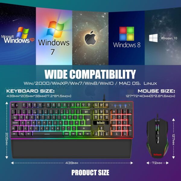RedThunder K10 Wired Gaming Keyboard and Mouse Combo, UK Layout, True RGB Backlight, Soft Leather Wrist Rest, Mechanical Feel Ergonomic Anti-Ghosting Keyboard + 7D 7200 DPI Mouse for PC, Mac (Black) - Image 6