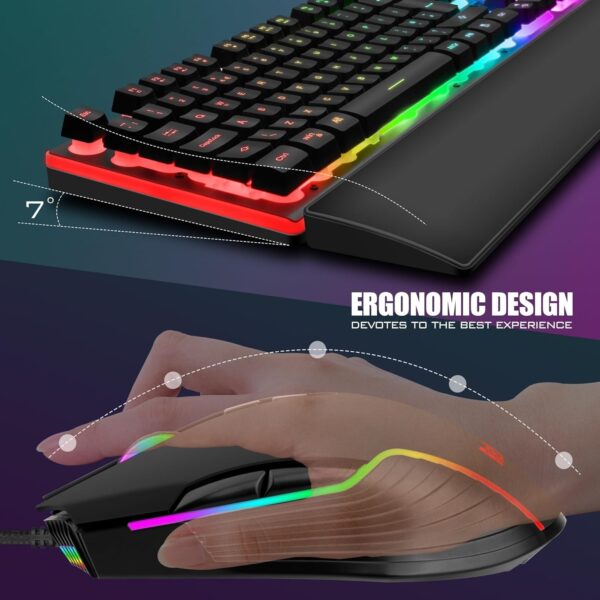 RedThunder K10 Wired Gaming Keyboard and Mouse Combo, UK Layout, True RGB Backlight, Soft Leather Wrist Rest, Mechanical Feel Ergonomic Anti-Ghosting Keyboard + 7D 7200 DPI Mouse for PC, Mac (Black) - Image 7