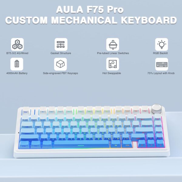 AULA F75 75% Wireless Mechanical Keyboard,Gasket Hot Swappable Custom Keyboard,Pre-lubed Greywood Switches RGB Backlit Gaming Keyboard,2.4GHz/Type-C/BT5.0 Keyboard (Cool Black) - Image 9