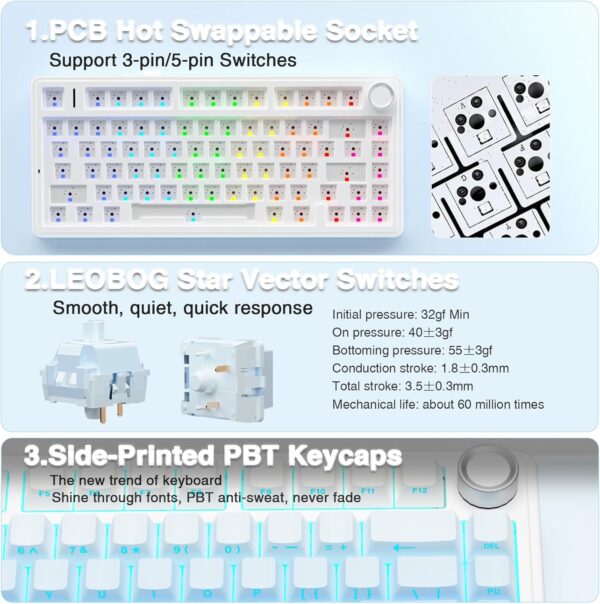 AULA F75 75% Wireless Mechanical Keyboard,Gasket Hot Swappable Custom Keyboard,Pre-lubed Greywood Switches RGB Backlit Gaming Keyboard,2.4GHz/Type-C/BT5.0 Keyboard (Cool Black) - Image 12
