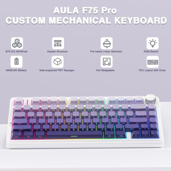 AULA F75 75% Wireless Mechanical Keyboard,Gasket Hot Swappable Custom Keyboard,Pre-lubed Greywood Switches RGB Backlit Gaming Keyboard,2.4GHz/Type-C/BT5.0 Keyboard (Cool Black) - Image 17