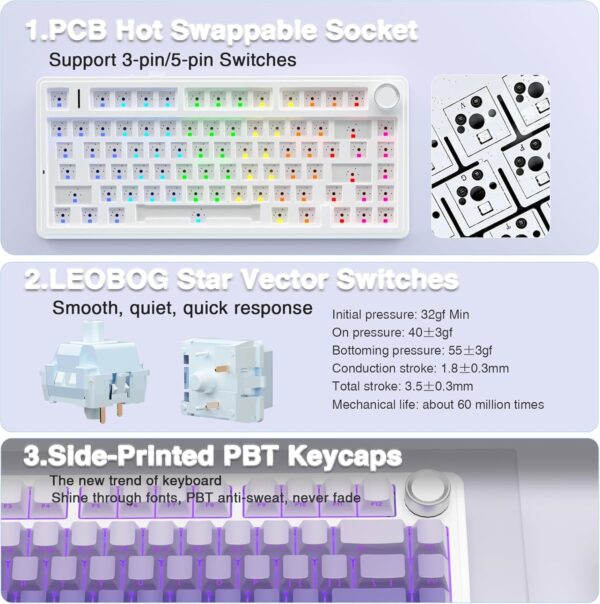 AULA F75 75% Wireless Mechanical Keyboard,Gasket Hot Swappable Custom Keyboard,Pre-lubed Greywood Switches RGB Backlit Gaming Keyboard,2.4GHz/Type-C/BT5.0 Keyboard (Cool Black) - Image 20