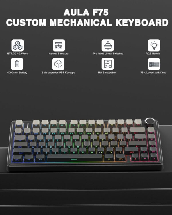 AULA F75 75% Wireless Mechanical Keyboard,Gasket Hot Swappable Custom Keyboard,Pre-lubed Greywood Switches RGB Backlit Gaming Keyboard,2.4GHz/Type-C/BT5.0 Keyboard (Cool Black) - Image 25