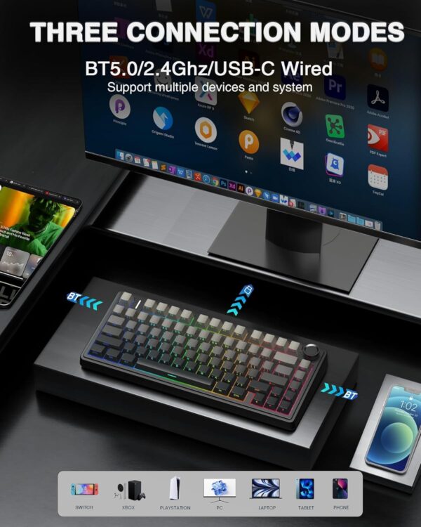 AULA F75 75% Wireless Mechanical Keyboard,Gasket Hot Swappable Custom Keyboard,Pre-lubed Greywood Switches RGB Backlit Gaming Keyboard,2.4GHz/Type-C/BT5.0 Keyboard (Cool Black) - Image 26