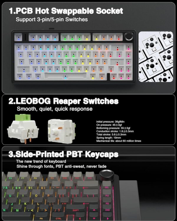 AULA F75 75% Wireless Mechanical Keyboard,Gasket Hot Swappable Custom Keyboard,Pre-lubed Greywood Switches RGB Backlit Gaming Keyboard,2.4GHz/Type-C/BT5.0 Keyboard (Cool Black) - Image 28