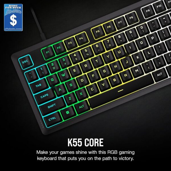Corsair K55 CORE RGB Membrane Wired Gaming Keyboard – Quiet, Responsive Switches – Spill Resistance – Ten-Zone RGB – Media Keys – iCUE Compatible – QWERTY UK – PC, Mac – Black - Image 2
