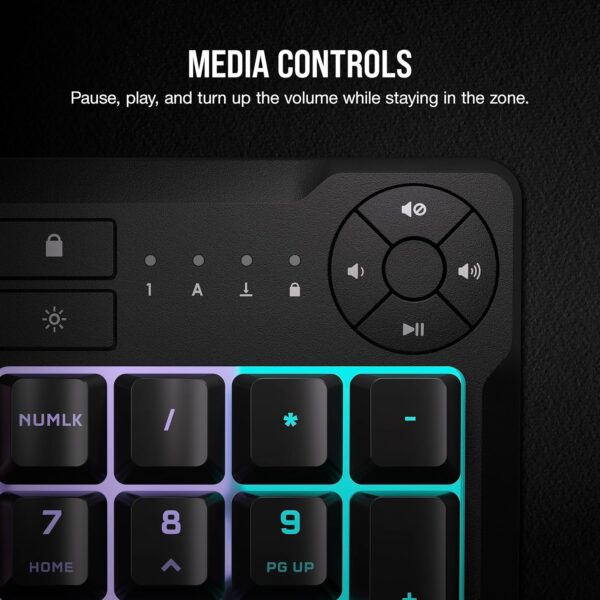 Corsair K55 CORE RGB Membrane Wired Gaming Keyboard – Quiet, Responsive Switches – Spill Resistance – Ten-Zone RGB – Media Keys – iCUE Compatible – QWERTY UK – PC, Mac – Black - Image 3