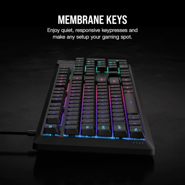 Corsair K55 CORE RGB Membrane Wired Gaming Keyboard – Quiet, Responsive Switches – Spill Resistance – Ten-Zone RGB – Media Keys – iCUE Compatible – QWERTY UK – PC, Mac – Black - Image 4