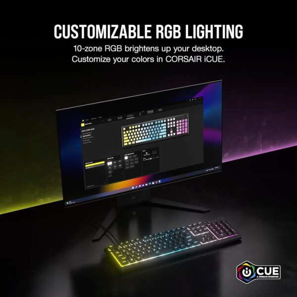 Corsair K55 CORE RGB Membrane Wired Gaming Keyboard – Quiet, Responsive Switches – Spill Resistance – Ten-Zone RGB – Media Keys – iCUE Compatible – QWERTY UK – PC, Mac – Black - Image 5
