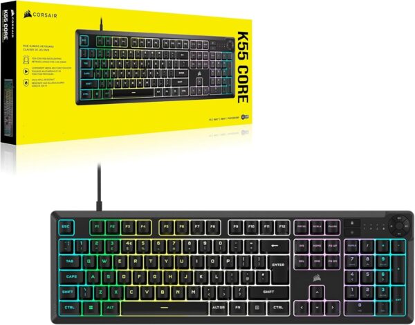 Corsair K55 CORE RGB Membrane Wired Gaming Keyboard – Quiet, Responsive Switches – Spill Resistance – Ten-Zone RGB – Media Keys – iCUE Compatible – QWERTY UK – PC, Mac – Black - Image 7