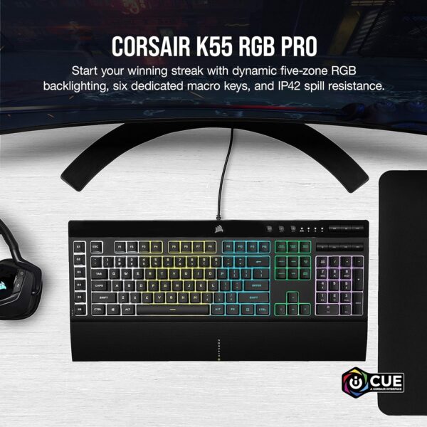 Corsair K55 CORE RGB Membrane Wired Gaming Keyboard – Quiet, Responsive Switches – Spill Resistance – Ten-Zone RGB – Media Keys – iCUE Compatible – QWERTY UK – PC, Mac – Black - Image 11