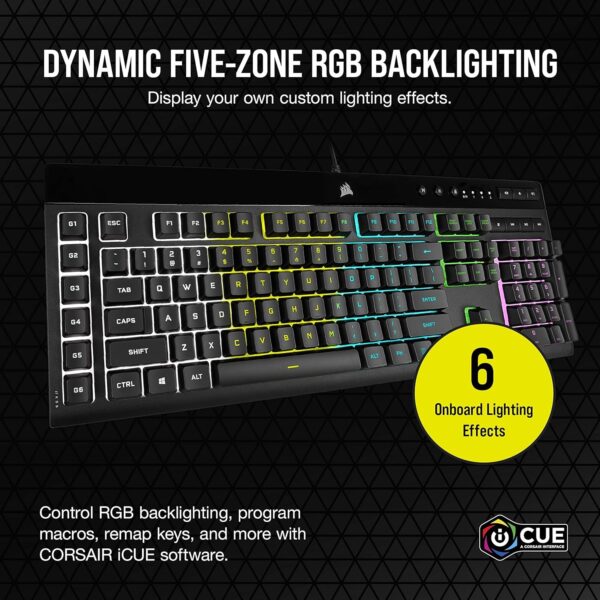 Corsair K55 CORE RGB Membrane Wired Gaming Keyboard – Quiet, Responsive Switches – Spill Resistance – Ten-Zone RGB – Media Keys – iCUE Compatible – QWERTY UK – PC, Mac – Black - Image 12