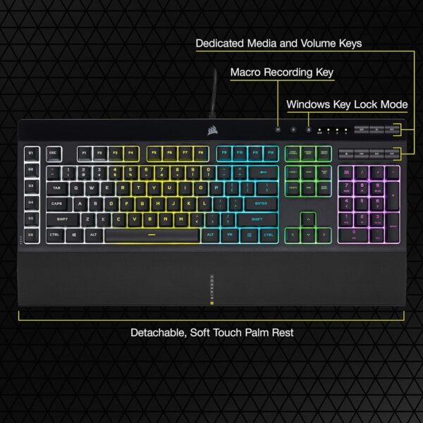 Corsair K55 CORE RGB Membrane Wired Gaming Keyboard – Quiet, Responsive Switches – Spill Resistance – Ten-Zone RGB – Media Keys – iCUE Compatible – QWERTY UK – PC, Mac – Black - Image 16