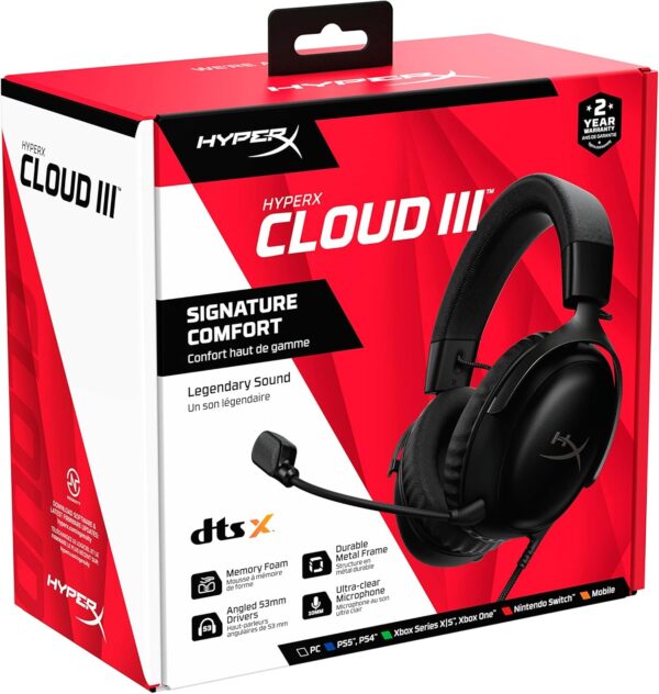 HyperX Cloud III – Wired Gaming Headset, PC, PS5, Xbox Series X|S, Angled 53mm Drivers, DTS, Memory Foam, Durable Frame, Ultra-Clear 10mm Mic, USB-C, USB-A, 3.5mm - Image 16