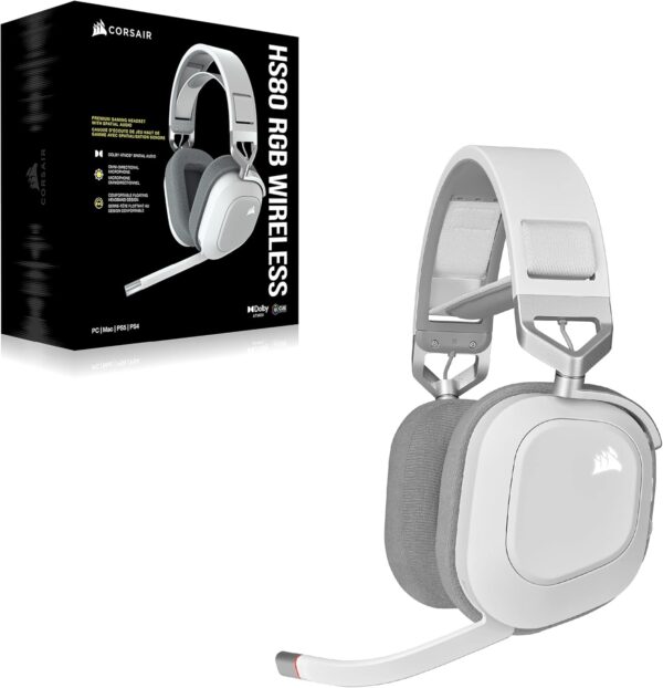 CORSAIR HS80 RGB Over ear WIRELESS Multiplatform Gaming Headset – Dolby Atmos – Omni-Directional Microphone – iCUE Compatible – PC, Mac, PS5, PS4 – White - Image 9