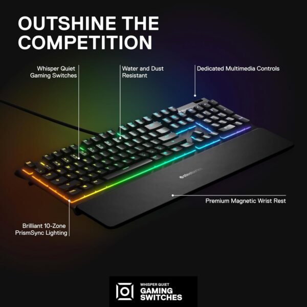 SteelSeries Apex 3 - RGB Gaming Keyboard - 10-Zone RGB Illumination - Premium Magnetic Wrist Rest - IP32 Water & Dust Resistant - English QWERTY Layout PC, Standard, Black - Image 3