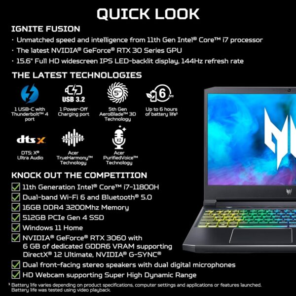 Acer Predator Helios 300 Gaming Laptop, Intel i7-10750H, NVIDIA GeForce RTX 3060 Laptop GPU, 15.6" Full HD 144Hz 3ms IPS Display, 16GB DDR4, 512GB NVMe SSD, WiFi 6, RGB Keyboard, PH315-53-71HN - Image 25