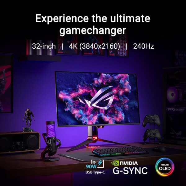 ASUS ROG Swift OLED PG32UCDM gaming monitor ― 32-inch 4K QD-OLED panel, 240Hz, 0.03ms (GTG), G-SYNC compatible, custom heatsink, graphene film, uniform brightness, 99% DCI-P3, True 10-bit, 90 W Type-C - Image 2